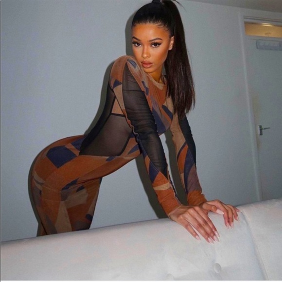 House of CB 'Cassidy' Brown Mesh Printed Long Sleeve Midi Dress NWOT - Picture 8 of 16